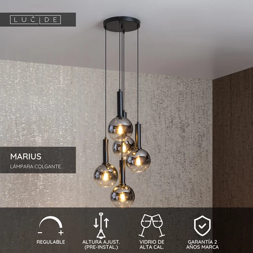 Lucide MARIUS - Lámpara colgante - Ø 55 cm - 5xE27 - Negro - USP